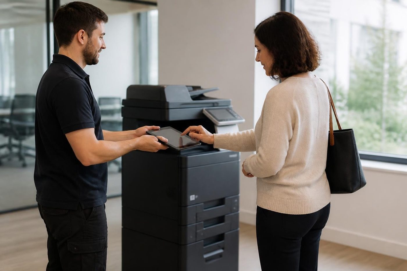 A technician handing a repaired copier back to an office manager on the Gold Coast
