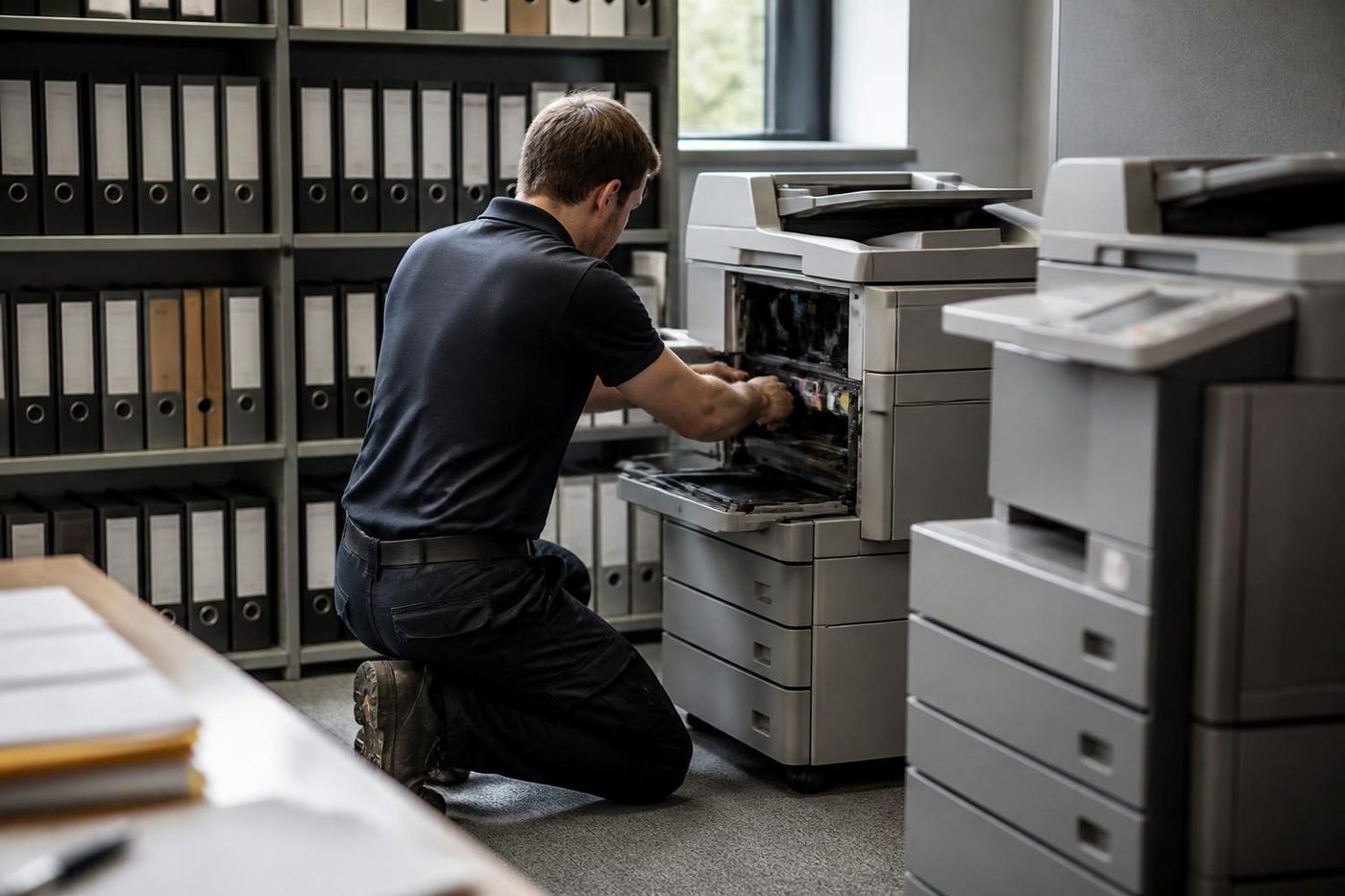 A technician repairing a copier beside filing shelves in a Gold Coast law office