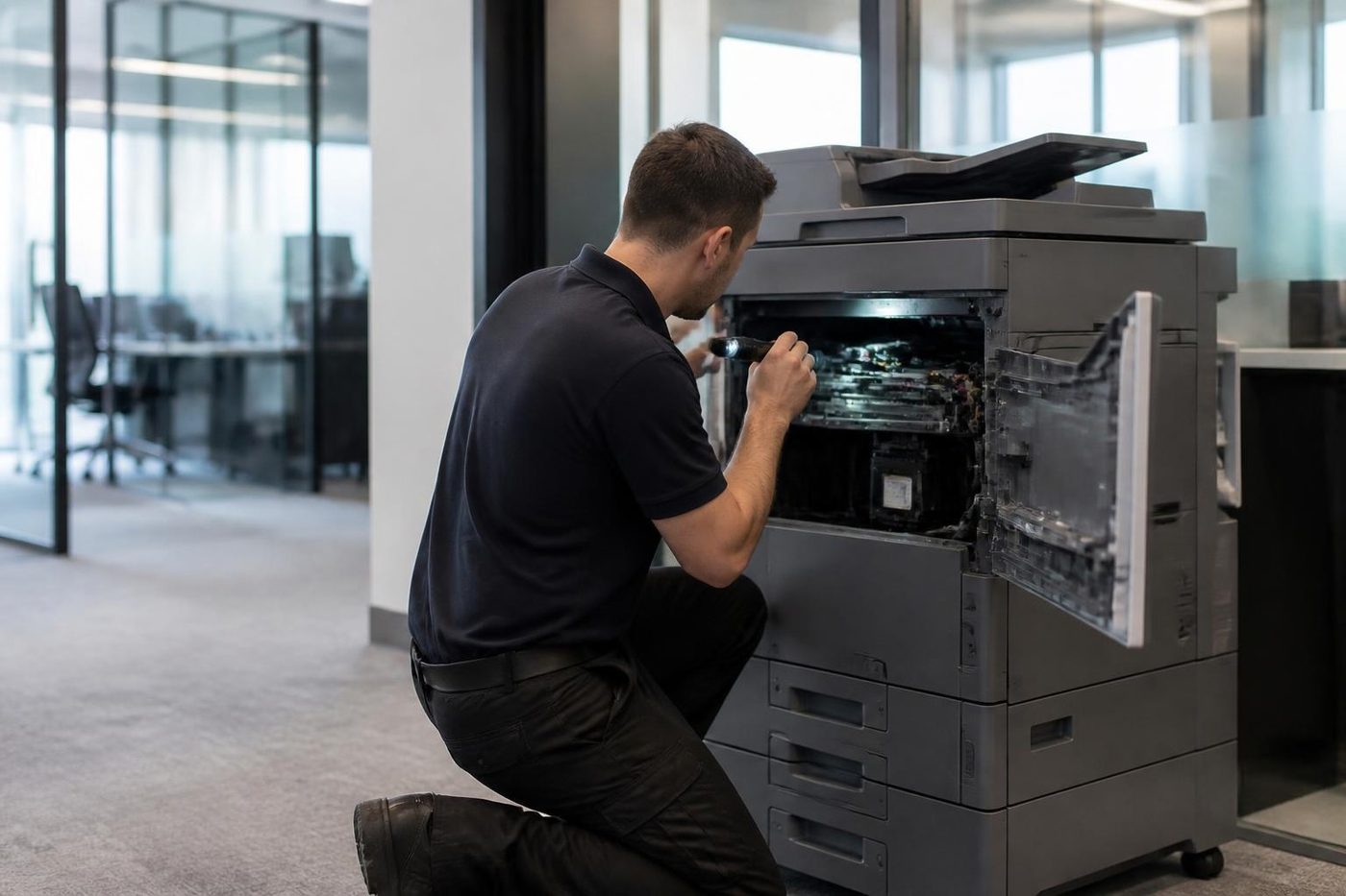 A technician repairing a copier through the open side panel in a Gold Coast office