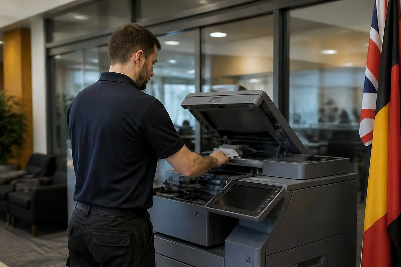 Technician servicing a copier in an office beside flags