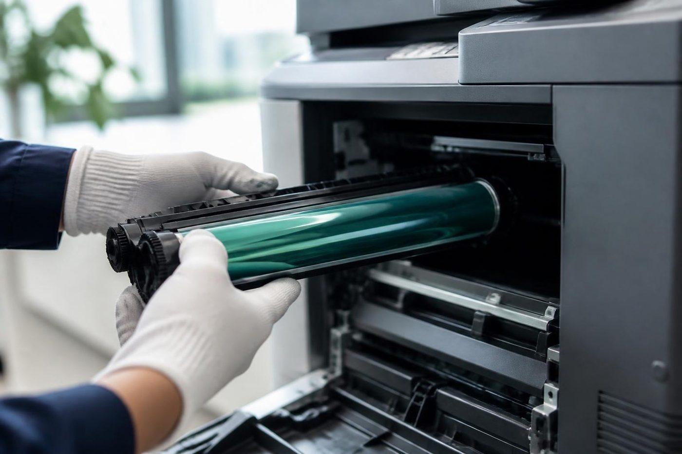 Gloved hands fitting a copier drum in a Gold Coast office
