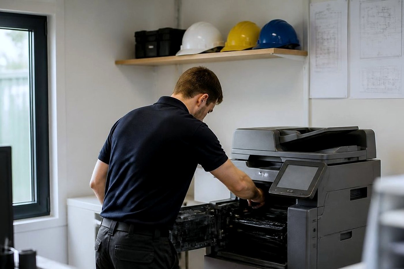 Technician working on a copier in a site office with hard hats on a shelf