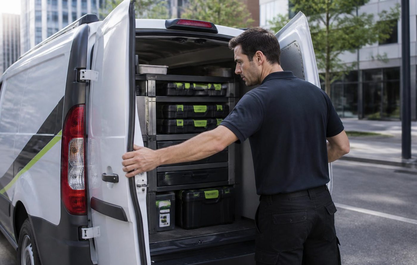 A Laser Printers technician at the open van doors with latched parts cases on the Gold Coast