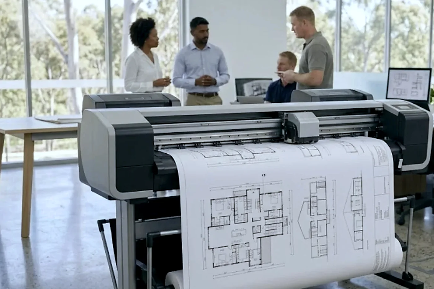Wide format plotter printing plans in a Gold Coast design office